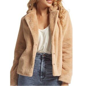Cozy Cropped Faux Fur Jacket Blush Apricot Teddy Coat Notched Lapel Fuzzy Sherpa